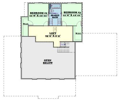 Second-floor plan drawing with 2BR, shared bath, loft, 2 WIC, stairs, and open-to-below area. House Plan # 3371-00001