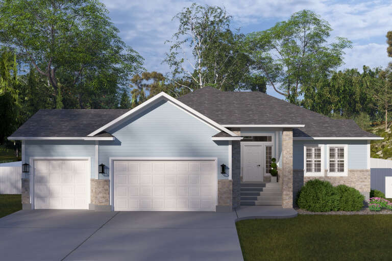 Front view of a light blue Craftsman house, stone accents, double garage, gabled roof, and recessed entry. House Plan # 2802-00589