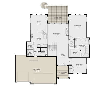 Main floor plan drawing with 2BR, 2BA, kitchen, family room, pantry, Ldry, 3-car garage, fireplace, and 2 covered porches. House Plan # 2802-00589
