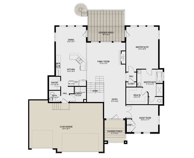 Main floor plan drawing with 2BR, 2BA, kitchen, family room, pantry, Ldry, 3-car garage, fireplace, and 2 covered porches. House Plan # 2802-00589