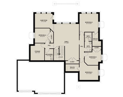 Basement floor plan drawing with 4BR, 2BA, game room, family room, WIC, storage, mechanical room, and stairs. House Plan # 2802-00589
