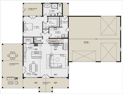 Main floor plan drawing with 1BR, 1.5BA, kitchen, dining, family room, pantry, Ldry, mud rm, WIC, 3-car garage, porches. House Plan # 7174-00047