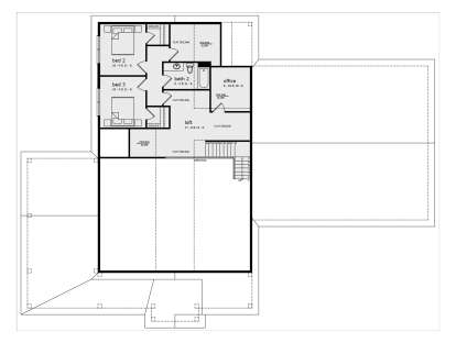 Second floor plan drawing with 2BR, 1BA, office, loft, stairs, open-to-below area, and sloped ceilings. House Plan # 7174-00047