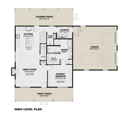 Main floor plan drawing with 1BR, 1.5BA, great room, kitchen, pantry, WIC, Ldry, 2-car garage, front and rear porches. House Plan # 7568-00073