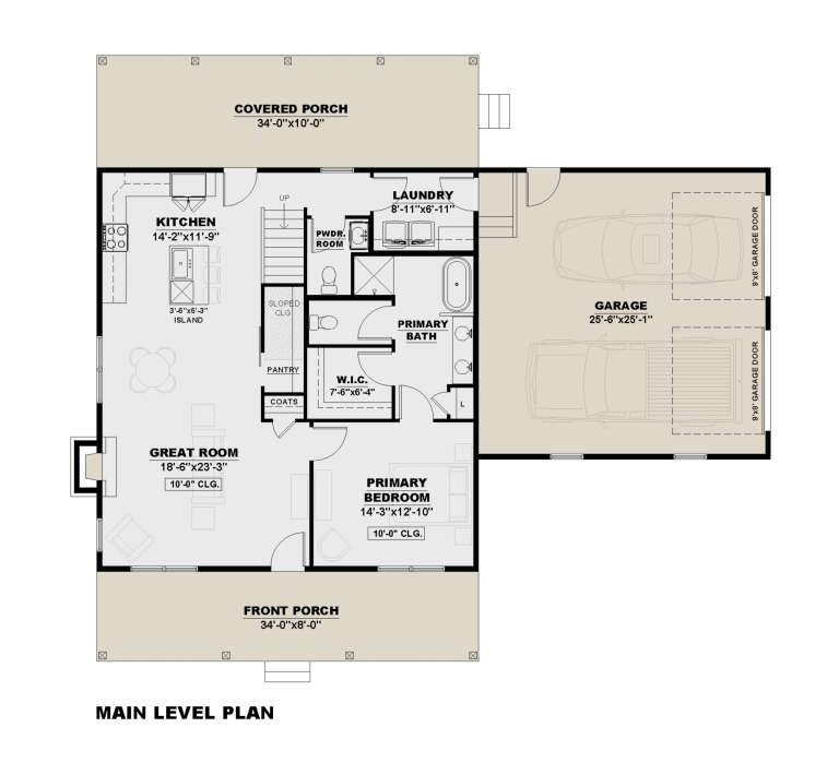 Main floor plan drawing with 1BR, 1.5BA, great room, kitchen, pantry, WIC, Ldry, 2-car garage, front and rear porches. House Plan # 7568-00073