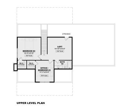 Upper-level floor plan drawing with 2BR, 1BA, loft, office, 2 WIC, stairs, and attic/HVAC storage area. House Plan # 7568-00073