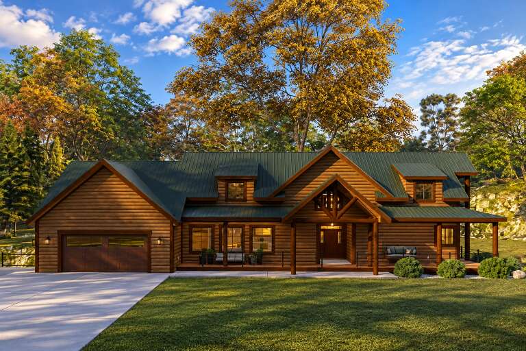 Front view of a brown house in Log style, green metal roof, covered porch, dormers, and attached garage. House Plan # 2802-00590