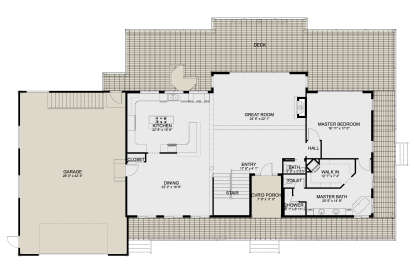 Main floor plan drawing with 1BR, 1.5BA, kitchen, dining, great room, WIC, 4-car garage, stairs, deck, and cvr'd porch. House Plan # 2802-00590