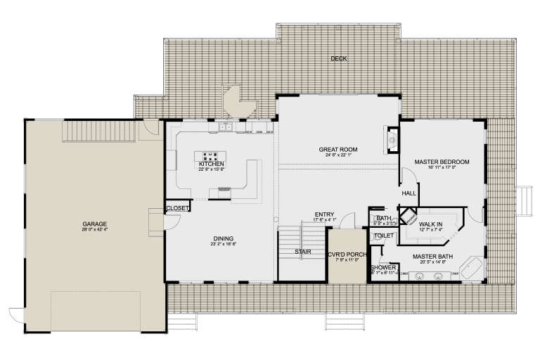 Main floor plan drawing with 1BR, 1.5BA, kitchen, dining, great room, WIC, 4-car garage, stairs, deck, and cvr'd porch. House Plan # 2802-00590