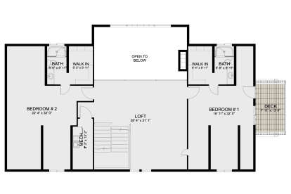 Second-floor plan drawing with 2BR, 2BA, loft, 2 WIC, mechanical room, stairs, deck, and open-to-below area. House Plan # 2802-00590