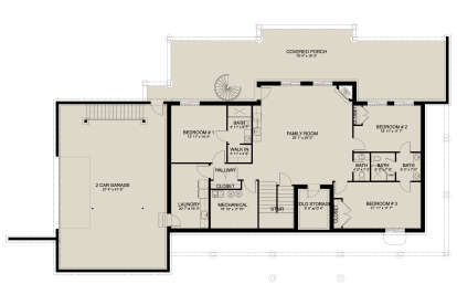 Basement floor plan drawing with 3BR, 3BA, family room, Ldry, mechanical, cold storage, 2-car garage, and covered porch. House Plan # 2802-00590