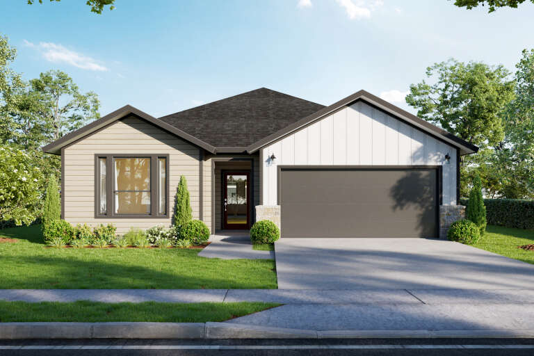Front view of a beige and white Traditional house, board-and-batten siding, stone accents, and two-car garage. House Plan # 1218-00001