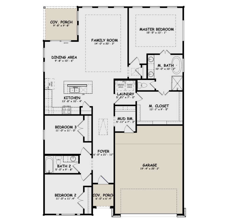 Main floor plan drawing with 3BR, 2BA, kitchen, dining, family room, Ldry, mud room, WIC, 2-car garage, and 2 cov. porches. House Plan # 1218-00001