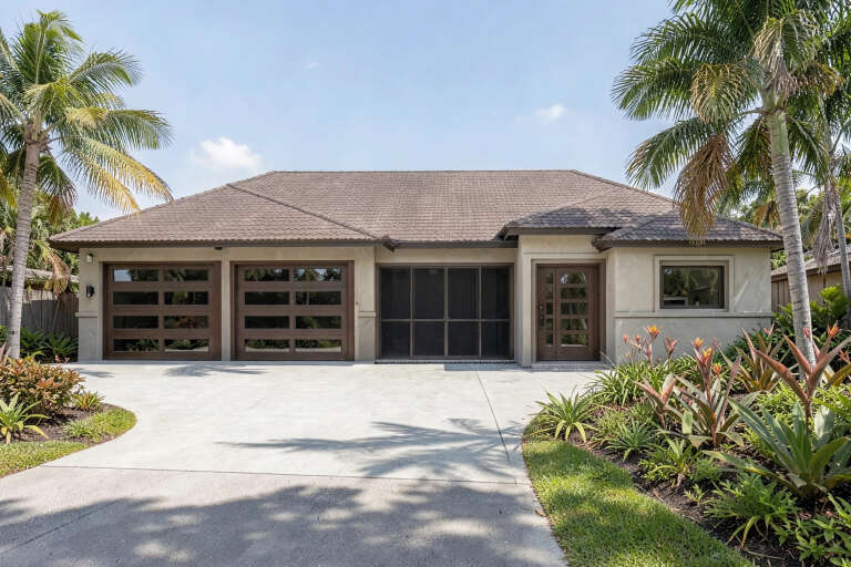 Front view of a beige house in Contemporary style, brown tile roof, glass garage doors, and tropical landscaping. House Plan # 4440-00028