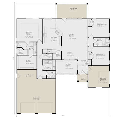 Main floor plan drawing with 3BR, 2.5BA, kitchen, great room, dining, Ldry, pantry, 2-car garage, golf cart garage, patio. House Plan # 4440-00028