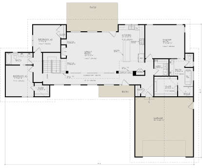 Main floor plan drawing with 3BR, 2BA, great room, kitchen, pantry, Ldry, 2-car garage, patio, vaulted ceilings, and stairs. House Plan # 4440-00029