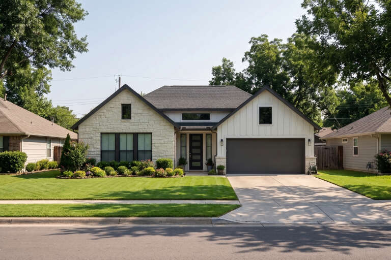 Front view of a white house, stone and board-and-batten siding, dark garage, black windows, and manicured landscaping. House Plan # 1218-00002