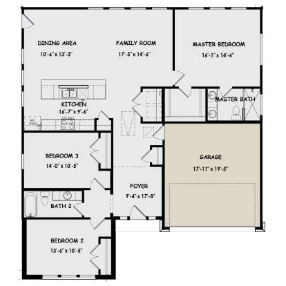 Main floor plan drawing with 3BR, 2BA, kitchen, dining, family room, foyer, WIC, and 2-car garage. House Plan # 1218-00002