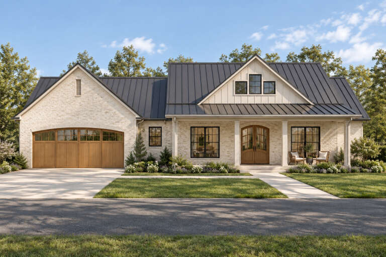 Front view of a white stone house in Modern Farmhouse style, metal roof, wood garage door, and arched entry. House Plan # 8318-00512