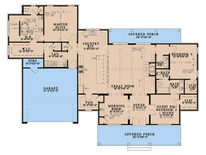 Main floor plan drawing with 3BR, 3BA, great room, kitchen, morning room, pantry, Ldry, WIC, 2-car garage, 2 covered porches. House Plan # 8318-00512