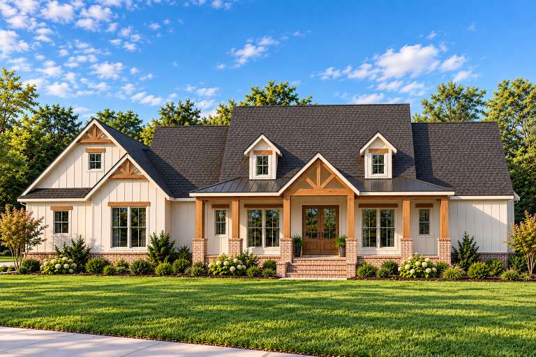 Front view of a white house, board-and-batten siding, brick base, wood porch posts, dormer windows, and dark shingle roof. House Plan # 4534-00168