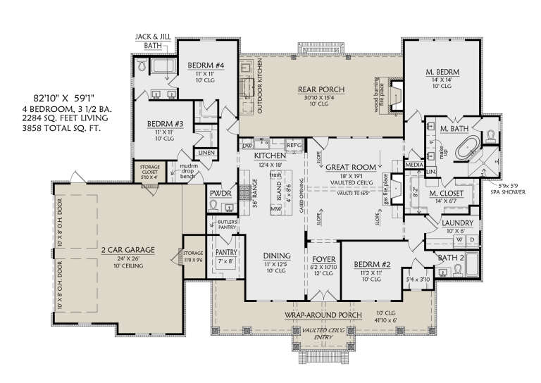 Main floor plan drawing with 4BR, 3.5BA, great room, kitchen, dining, 2-car garage, pantry, laundry, and porches. House Plan # 4534-00168