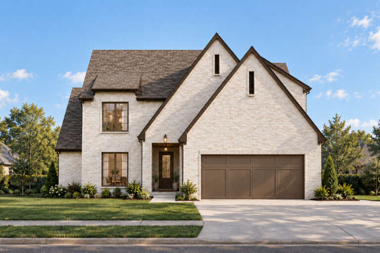Front view of a white brick house in European style, steep gables, brown garage door, and manicured landscaping. House Plan # 8318-00513