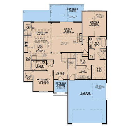 Main floor plan drawing with 2BR, 2BA, vaulted great room, gas fireplace, kitchen, pantry, WIC, Ldry, 2-car garage, 2 porches. House Plan # 8318-00513