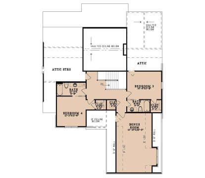 Second floor plan drawing with 2BR, 2BA, bonus room, stairs, closets, attic storage, and vaulted ceiling below areas. House Plan # 8318-00513