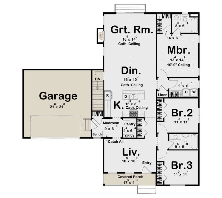 Main floor plan drawing with 3BR, 2BA, Grt Rm, kitchen, pantry, mudroom, 2-car garage, covered porch, and cath. ceilings. House Plan # 963-01355