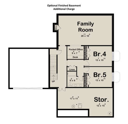 Basement floor plan drawing with 2BR, 1BA, family room, pocket office, storage, linen closet, and stairs. House Plan # 963-01355