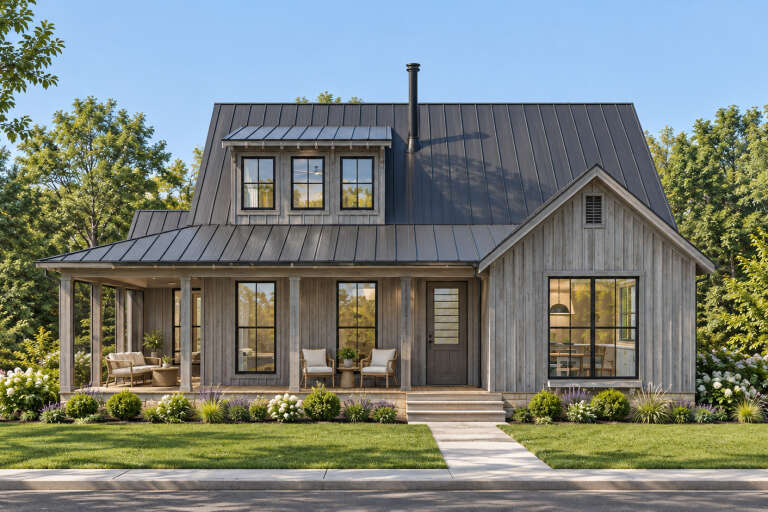 Front view of a grey house in Modern Farmhouse style, metal roof, black windows, wrap-around porch, and lush landscaping. House Plan # 8318-00514