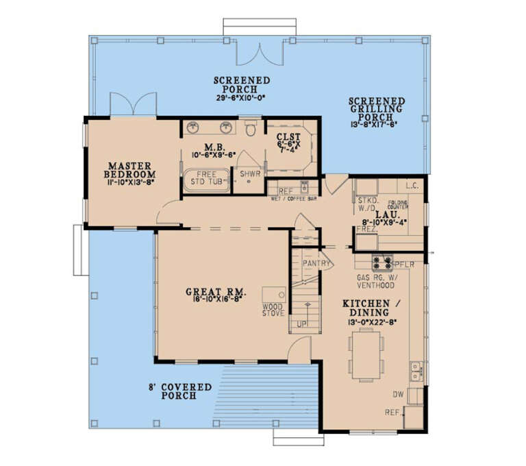 Main floor plan drawing with 1BR, 1BA, great room, kitchen/dining, Ldry, pantry, wood stove, screened porch, covered porch. House Plan # 8318-00514