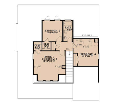 Second floor plan drawing with 2BR, 1BA, bunk room, closets, stairs, and skylights in sloped ceiling area. House Plan # 8318-00514