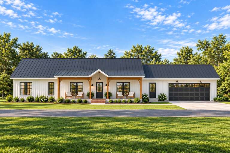 Front view of a white house in Modern Farmhouse style, metal roof, wood porch posts, black windows, and attached garage. House Plan # 8318-00515
