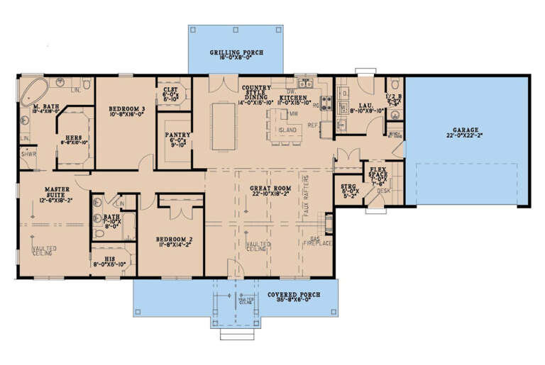 Main floor plan drawing with 3BR, 2.5BA, great room, kitchen, dining, pantry, flex space, 2-car garage, and 2 porches. House Plan # 8318-00515