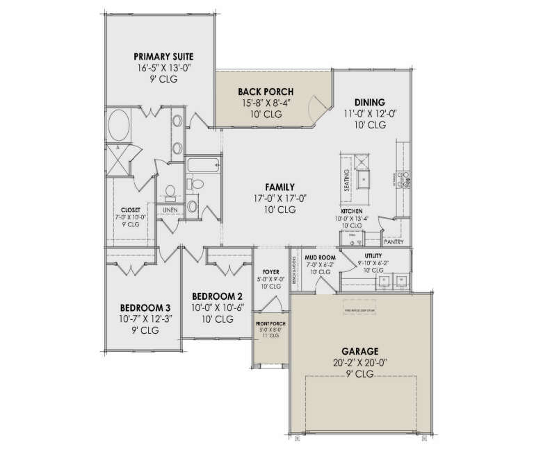 Main floor plan drawing with 3BR, 2BA, kitchen, family room, pantry, mud room, Ldry, 2-car garage, front and back porches. House Plan # 7983-00224