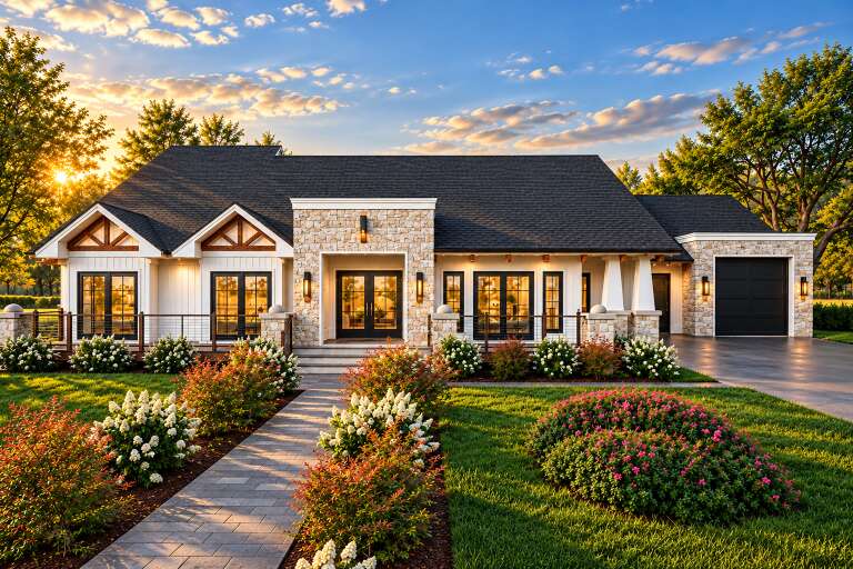 Front view of a white and stone Modern Transitional house, black windows, gabled roof, and lush landscaped front yard. House Plan # 5984-00077