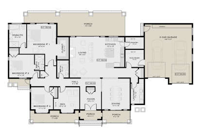 Main floor plan drawing with 3BR, 2.5BA, living, kitchen, dining, den, pantry, mud room, Ldry, 2-car garage, and 4 porches. House Plan # 5984-00077
