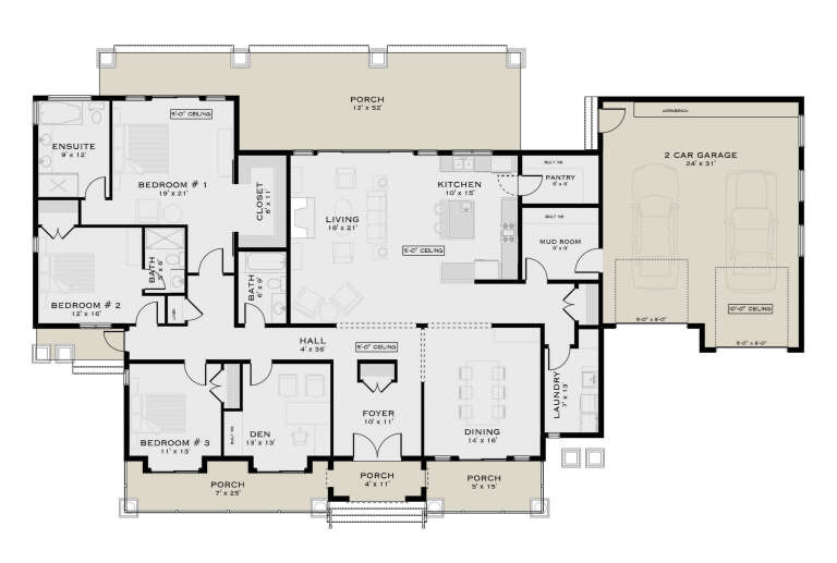 Main floor plan drawing with 3BR, 2.5BA, living, kitchen, dining, den, pantry, mud room, Ldry, 2-car garage, and 4 porches. House Plan # 5984-00077