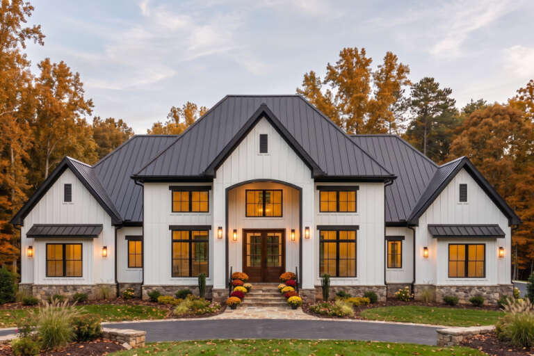 Front view of a white house in Modern Farmhouse style, metal roof, stone base, black windows, and autumn landscaping. House Plan # 6849-00185