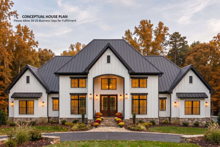 Front view of a white house in Modern Farmhouse style, metal roof, stone base, black windows, and arched entry. House Plan # 6849-00185