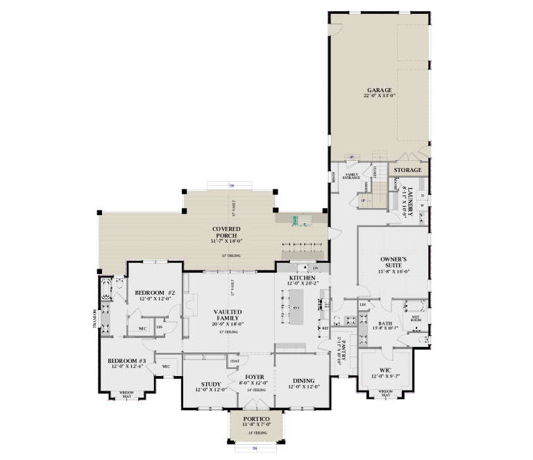 Main floor plan drawing with 3BR, 2BA, vaulted family room, kitchen, study, pantry, Ldry, 3-car garage, and covered porch. House Plan # 6849-00185