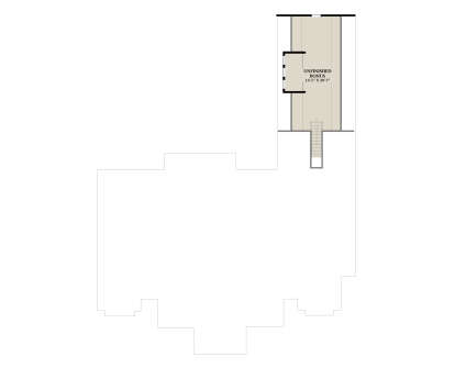 Upper-floor plan drawing with unfinished bonus room and stairs. House Plan # 6849-00185