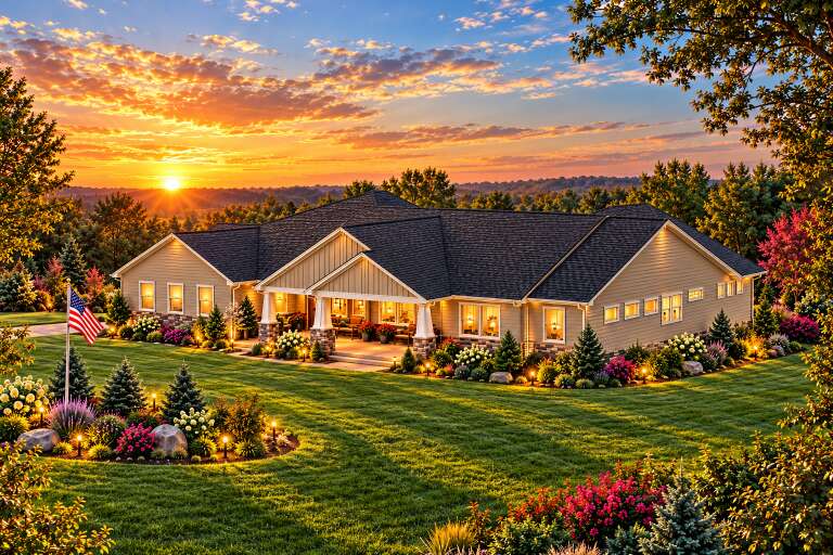 Angled front view of a tan house in Modern Farmhouse style, stone accents, covered porch, and lush landscaped yard. House Plan # 3371-00002