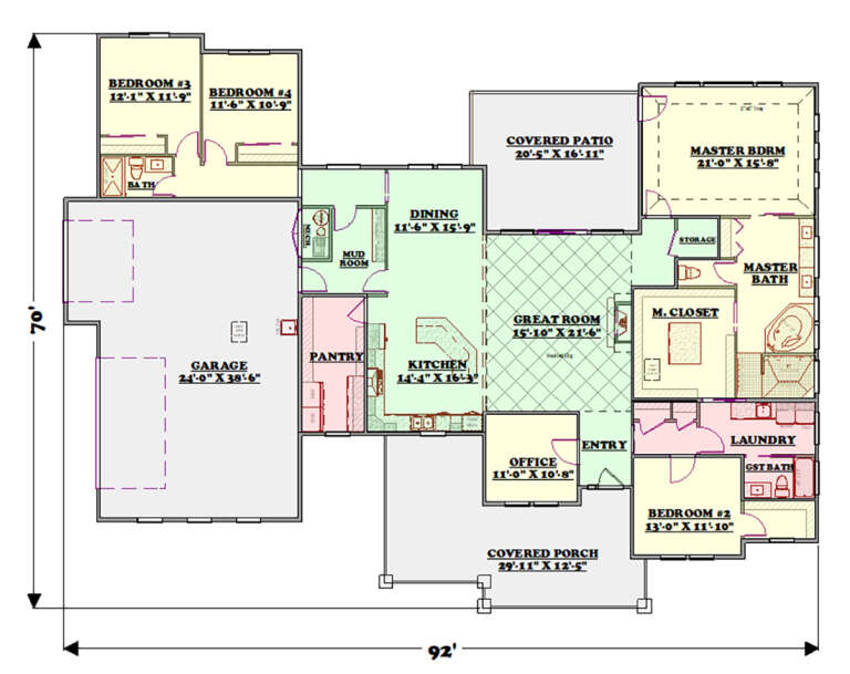 Main floor plan drawing with 4BR, 3BA, great room, kitchen, dining, office, pantry, mud room, Ldry, 3-car garage, porch. House Plan # 3371-00002