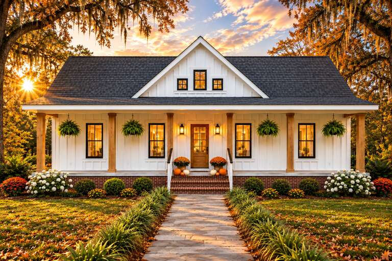 Front view of a white house in Modern Farmhouse style, board-and-batten siding, wood posts, brick porch, and black trim. House Plan # 1776-00196