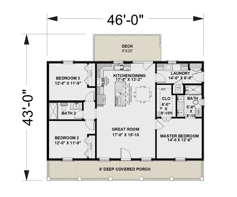 Main floor plan drawing with 3BR, 2BA, great room, kitchen/dining, Ldry, WIC, and covered porch and deck. House Plan # 1776-00196