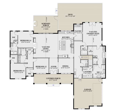Main floor plan drawing with 4BR, 3BA, vaulted living/owner's suite, kitchen, pantry, laundry, 2-car garage, porch, deck. House Plan # 6849-00186
