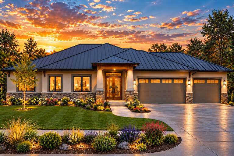 Front view of a beige house in Contemporary style, metal roof, stone base, double garage, and illuminated landscaping. House Plan # 3371-00003